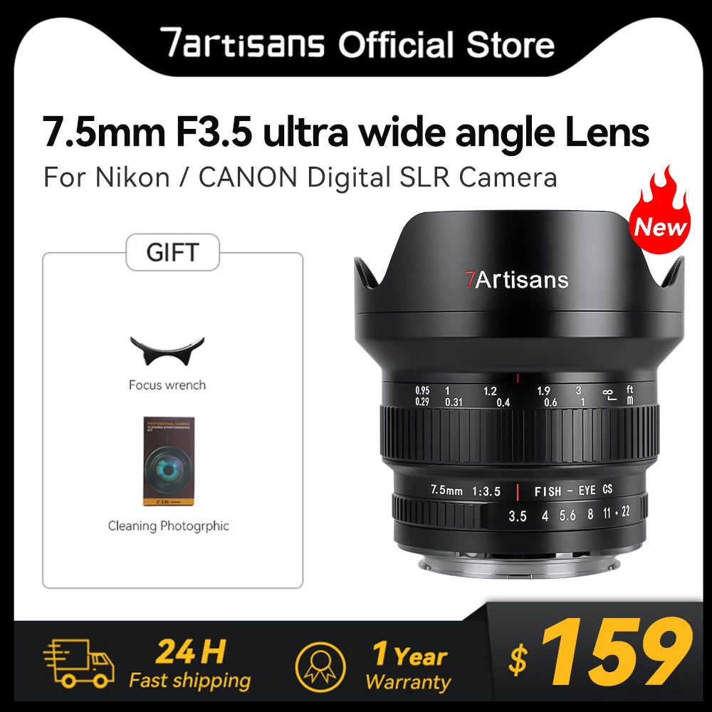 7artisans 7.5mm F3.5 Manual Focus APS-C 205° Ultra Wide-Angle Fisheye Lens For Canon EOS Rebel T7 Nikon F D750 D90 DSLR Cameras