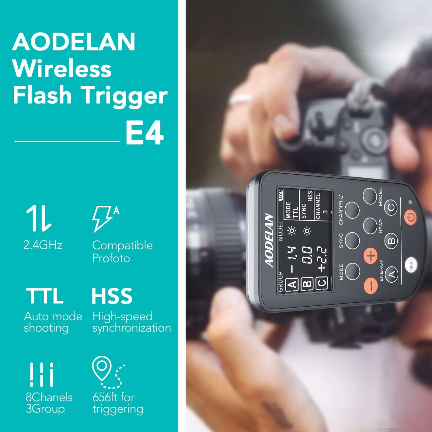 AODELAN E4 TTL Wireless Flash Trigger for Profoto A1, A1X, B2, B10, B1X, D1, D2, Pro-10; Replaces Profoto Air TTL Remote