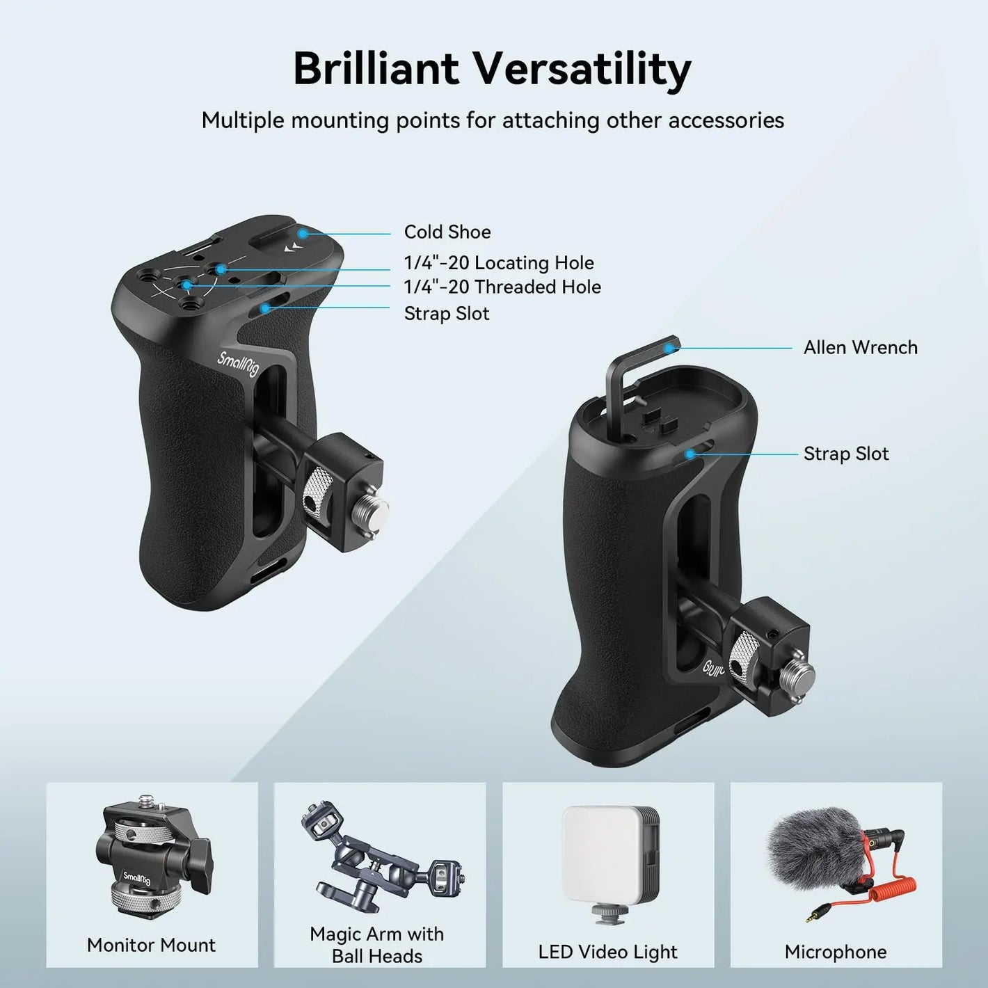SmallRig ARRI Locating Side Handle Adjustable Left & Right Hand Grip for Sony for Canon Cameras with Cold Shoe 1/4"-20 Holes