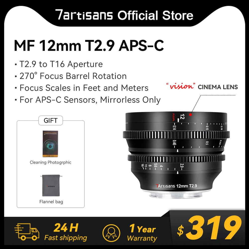 7artisans 12mm T2.9 Large Aperture APS-C Ultra Wide Angle Cine Lens For Sony E ZVE10 Micro 4/3 Fuji X Nikon Z Leica TL Canon RF