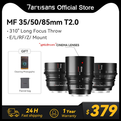 7artisans 35mm 50mm 85mm T2.0 Manual Focus Full Frame Cine Spectrum Lenses For Sony E FX3 Leica TL SIGMA FP Nikon Z5 Canon EOS-R