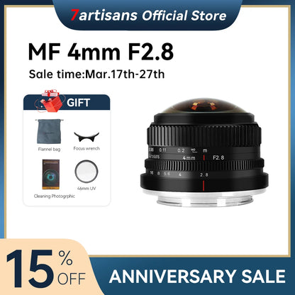 7artisans 4mm F2.8 225° APS-C Circular Fisheye MF Prime Lens For Sony E A6400 Fujifilm X X-T1 Micro 4/3 EPM1 Canon EOS-M M1 M2