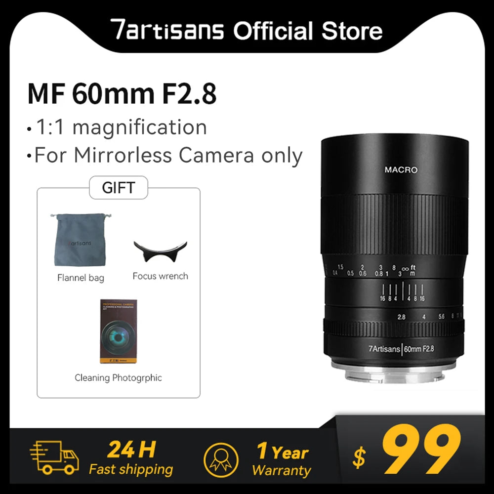 7artisans 60mm F2.8 APS-C Manual Macro Prime Lens For Canon EF-M M50 M10 Sony E ZVE10 Fuji FX X-A1/ X-T1 XT30