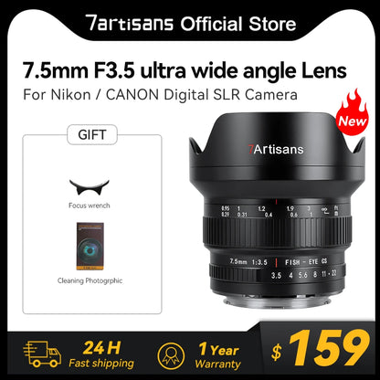 7artisans Manual Focus APS-C 205° Ultra Wide-Angle Fisheye Lens For Canon EOS Rebel T7 Nikon F D750 D90 DSLR Cameras