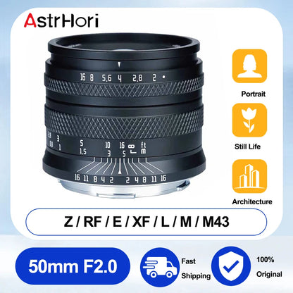 AstrHori 50mm F2.0 Large Aperture Full Frame Manual Prime Lens for Sony E Nikon Z Fuji X L Eos R Eos M M43