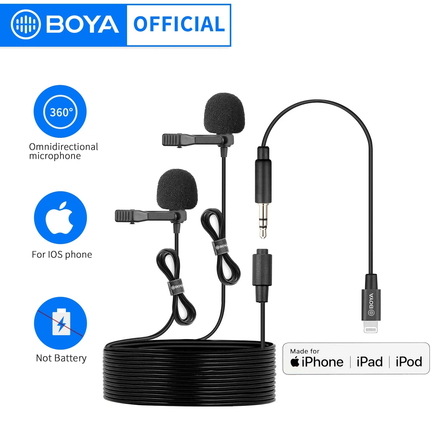 BOYA BY-M2D Dual Lavalier Microphone Portable 6m Mini Lapel Mic for iPhone Smartphones iPad Live Streaming Vlog Live Broadcast