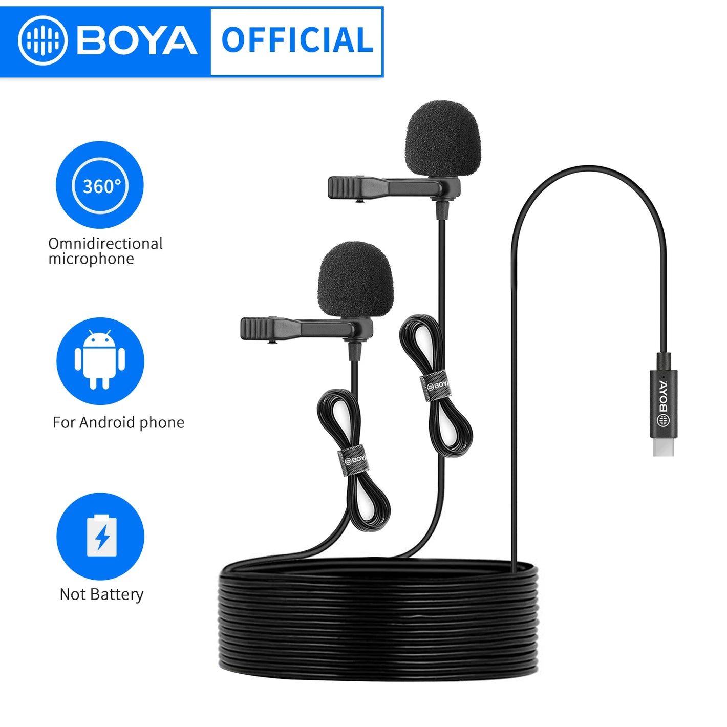 BOYA BY-M3D Microphone Dual Head Lavalier Lapel Condensador Microfone Mic with 6 Meters Cable Compatible with Type-C Interface