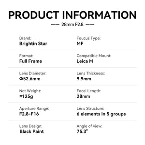 Brightin Star 28mm F2.8 Full Frame Mirrorless Camera Portrait Lens Leica M Bayonet, FujiFilm XF Mount Adapters