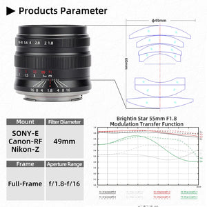 Brightin Star 55mm F1.8 Full Frame Large Aperture MF Mirrorless Camera Lens for Sony E Canon RF Nikon Z Mount