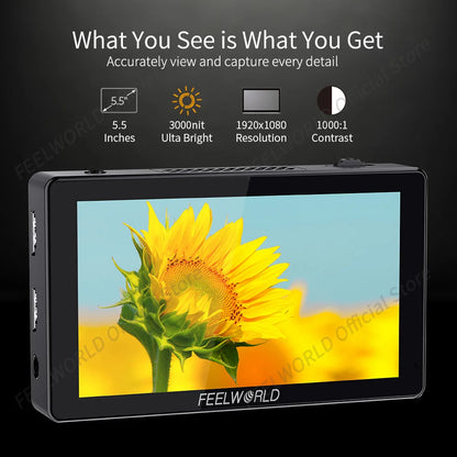 FEELWORLD 5.5 Inch Ultra High Bright 3000nit 4K HDMI Input Output Touch Screen DSLR Camera Field Monitor With Instal Kit  LUT5