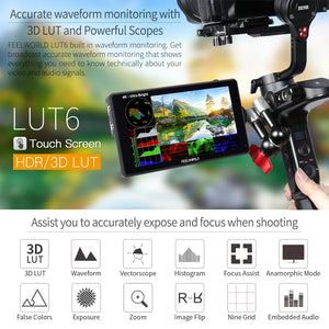 FEELWORLD  6 Inch on Camera Field DSLR Monitor 2600nits HDR 3D LUT Touch Screen with Waveform VectorScope for Youtube Live LUT6