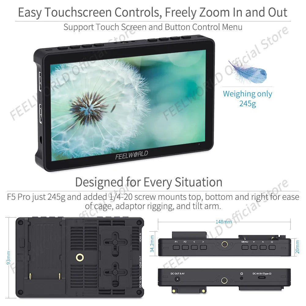 FEELWORLD F5 Pro V4 6 Inch on DSLR Camera Field Monitor Touch Screen 3D LUT FHD1920 1080 4K HDMI Video Focus Assist for Gimbal