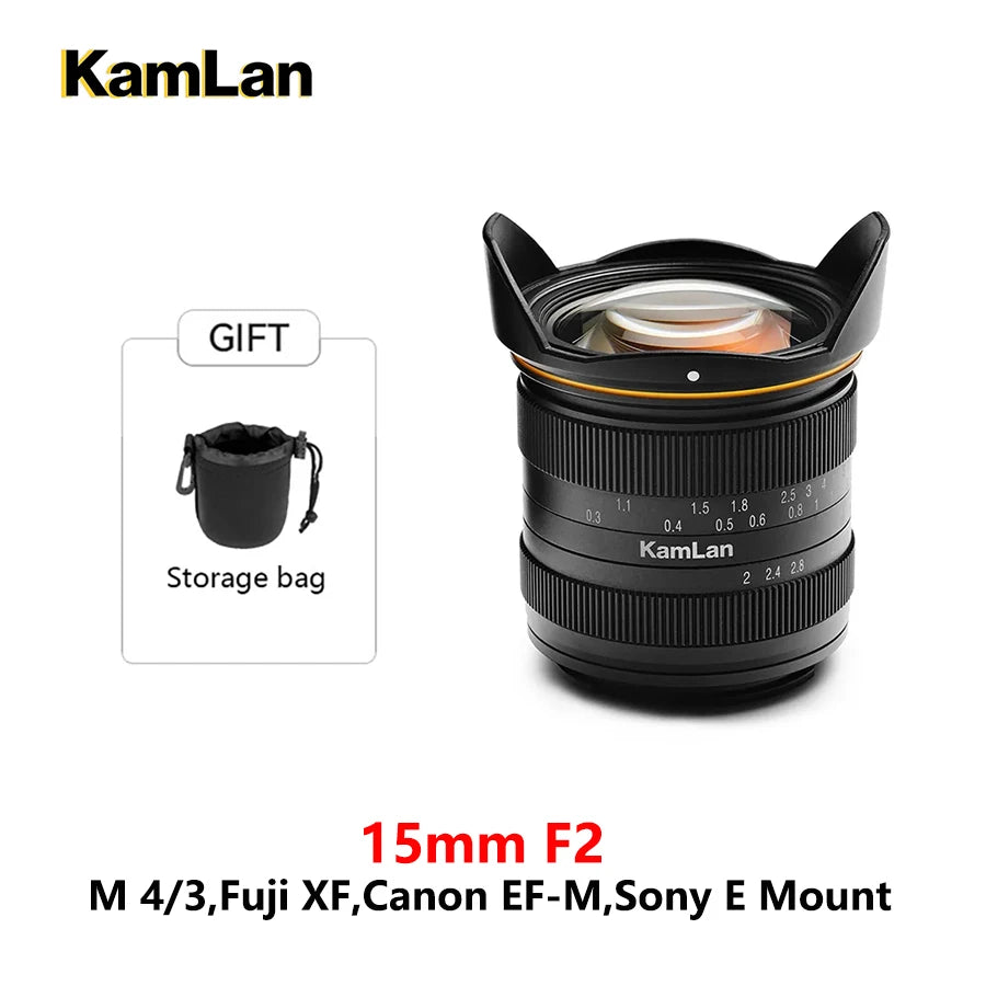 Kamlan 15mm F2.0 MF Wide Angle APS-C Mirrorless Camera Lens for Canon EF-M / Sony E / Fuji X / M43 Mount Cameras