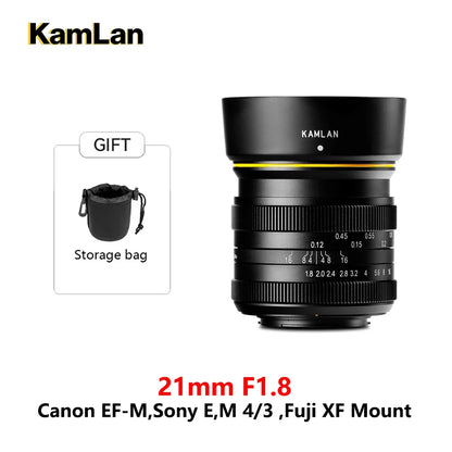 Kamlan 21mm F1.8 Portable Waterproof Mirrorless Camera Manual Fix Focus Prime Lens for Canon EOS-M / Sony E / Fuji FX / M4/3