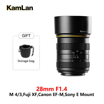 Kamlan 28mm F1.4 Wide Angle APS-C Large Aperture MF Lens For Canon M Mount Sony E Fuji X M43 Mirrorless Cameras