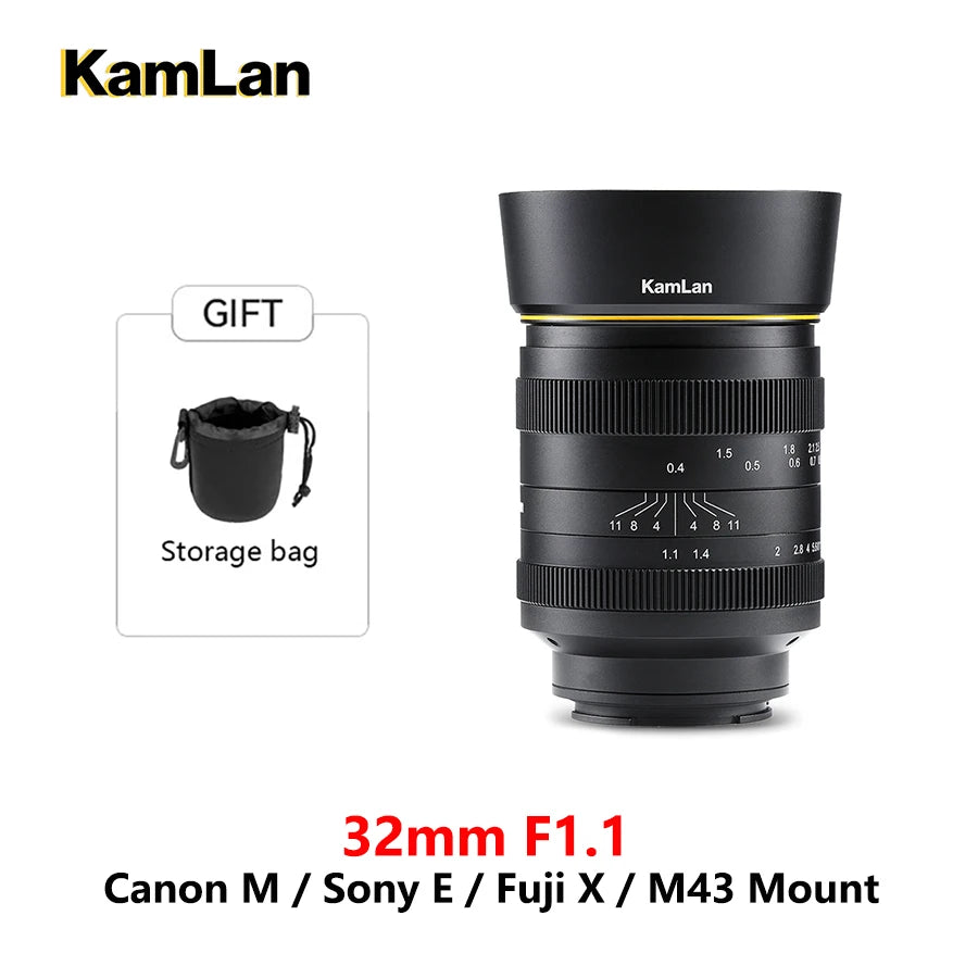 Kamlan 32mm F1.1 Camera Lens Large Aperture MF For Canon EOS-M EFM Sony E Fujifilm FX FUJI X M4/3 Mount