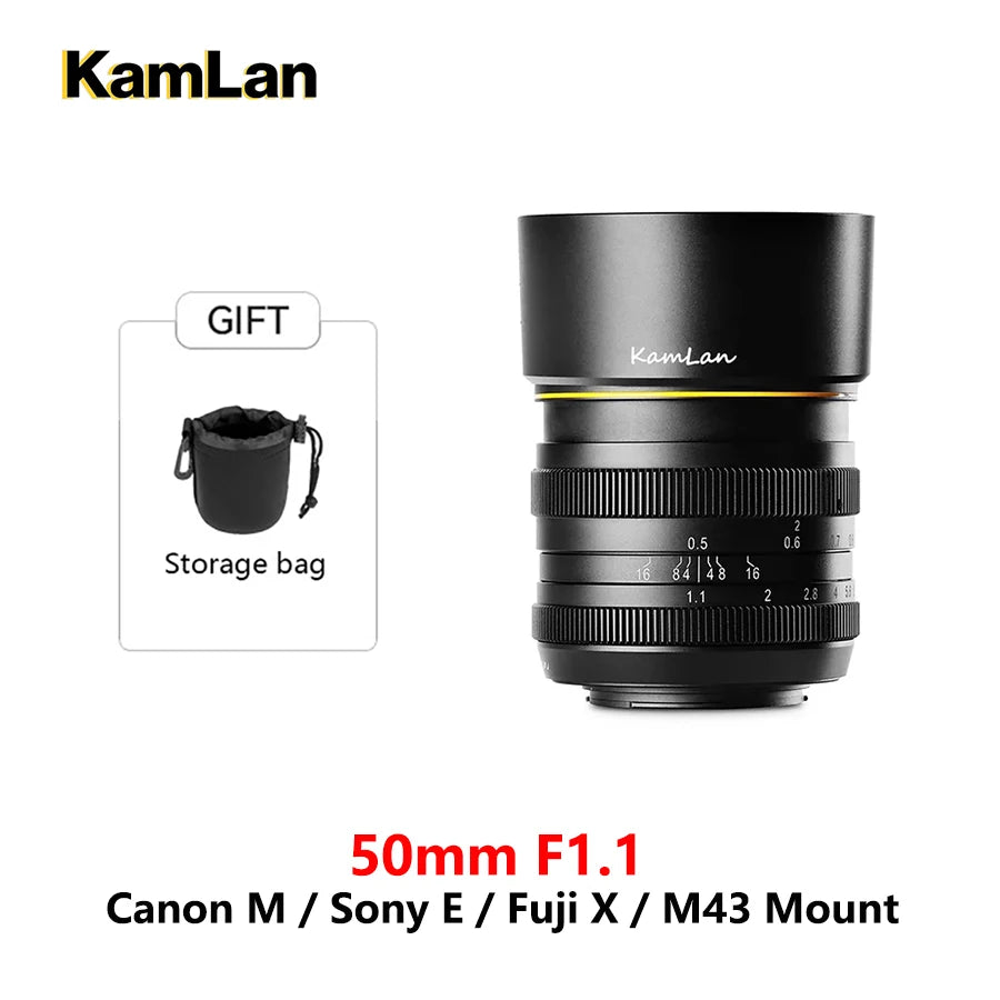 Kamlan 50mm F1.1 APS-C Large Aperture Manual Focus Lens for Canon EOS-M SONY E Fuji X M4/3 Monut