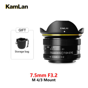 Kamlan 7.5mm F3.2 Large Aperture Wide Angle Fisheye Fixed Focus Mirrorless Camera Lens M43-mount For Olympus APS-C