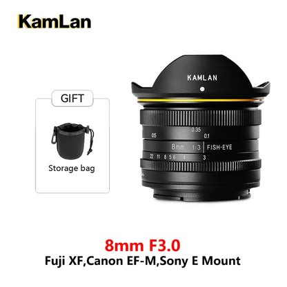 Kamlan 8mm F3.0 APS-C Wide-angle fixed focus Pure Manual lens Mirrorless Camera lens for Canon Fuji Macro 4/3