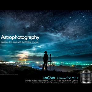 Venus Optics Laowa 7.5mm f/2 Zoom Camera Lens Ultra Wide Fast Aperture MFT for Micro Four Thirds Black and Silver Micro43