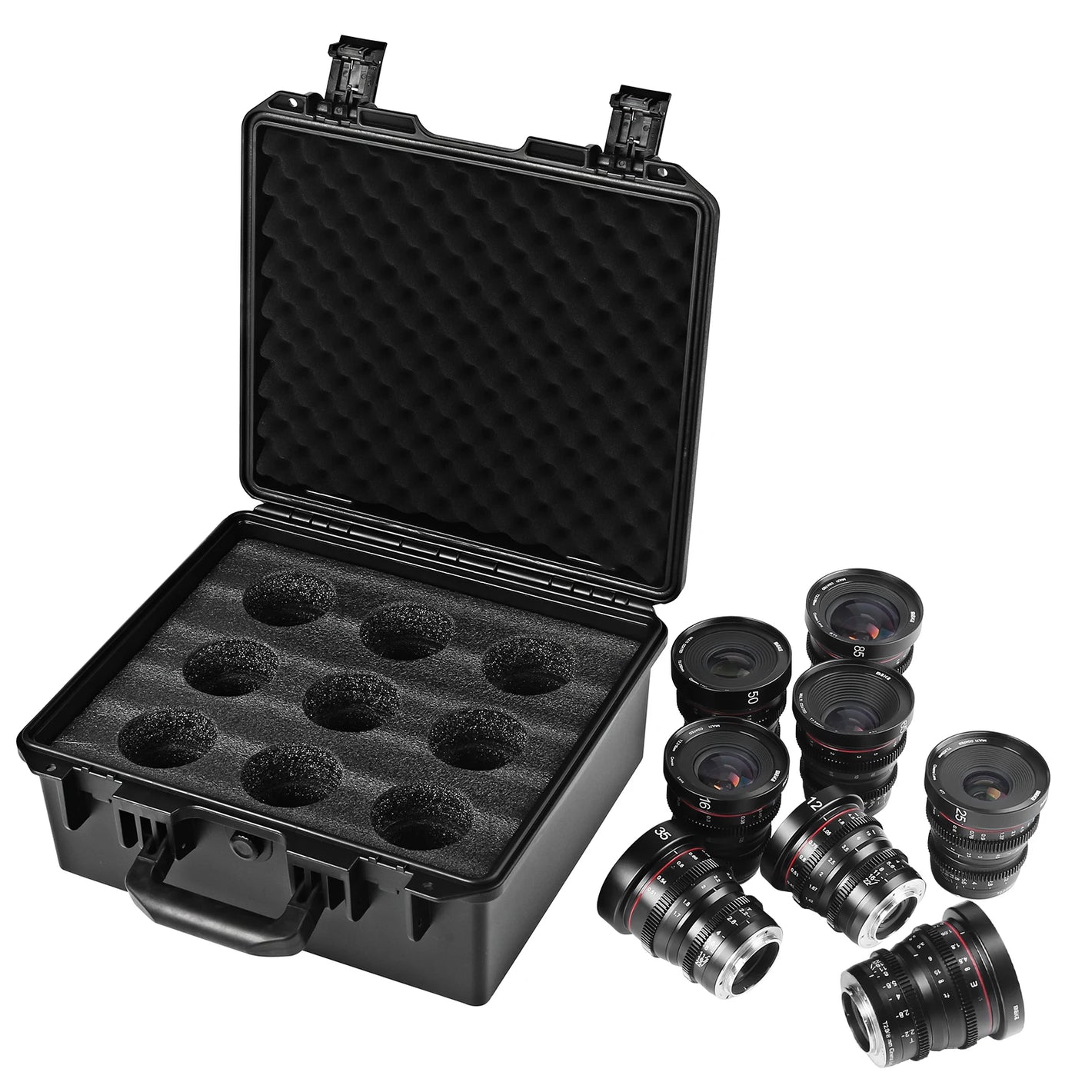 Meike T2.2 Cine lens Kit ( Optional: Any 3 MFT Focal lengths: 8mm 10mm 12mm 16mm 25mm 35mm 50mm 65mm 85mm) with a Cine Lens Case