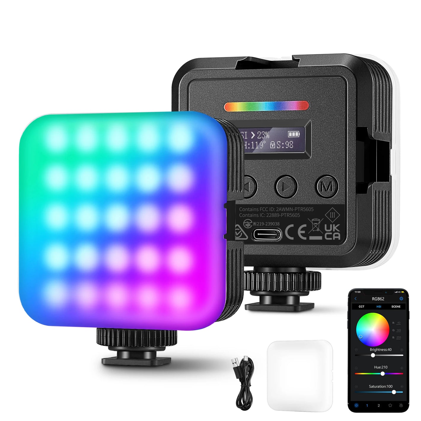 NEEWER RGB62 Magnetic RGB Video Light with APP Control, 2 Pack 360° Full Color LED Camera Light with 3 Cold Shoes CRI97+