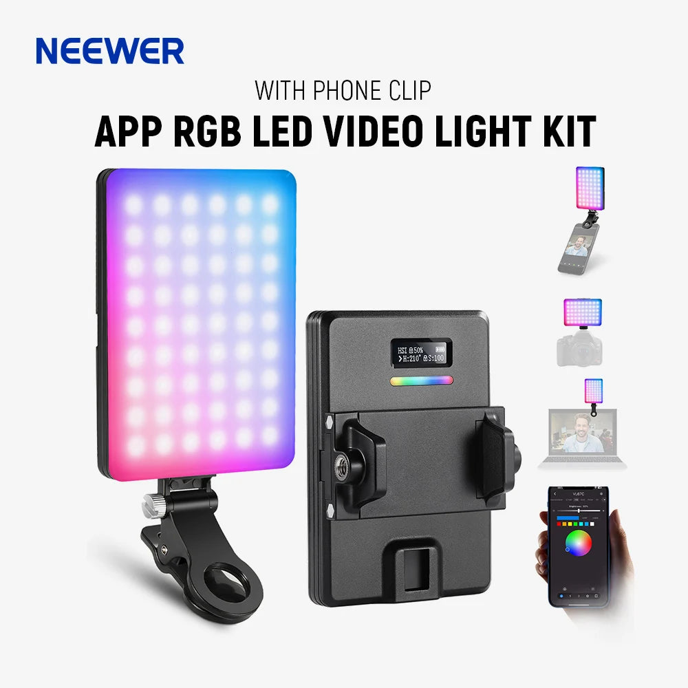 NEEWER VL67C RGB Selfie Light with APP Control, 94 LED CRI97 2000mAh Rechargeable, Portable Front & Back Phone Clip for TikTok