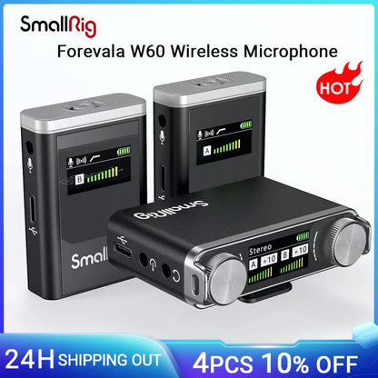 SmallRig Forevala W60 Wireless Microphone One-to-Two Dual Channel Clip-on Lapel Radio Microphone Full Set of Noise-Cancelling