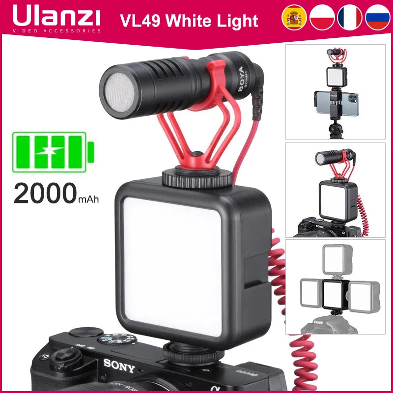 Ulanzi VL49 Mini Portable LED Video Light Triple Cold Shoe Rechargeable Vlog Fill Light Photography Lighting Tripod Kit CRI95+