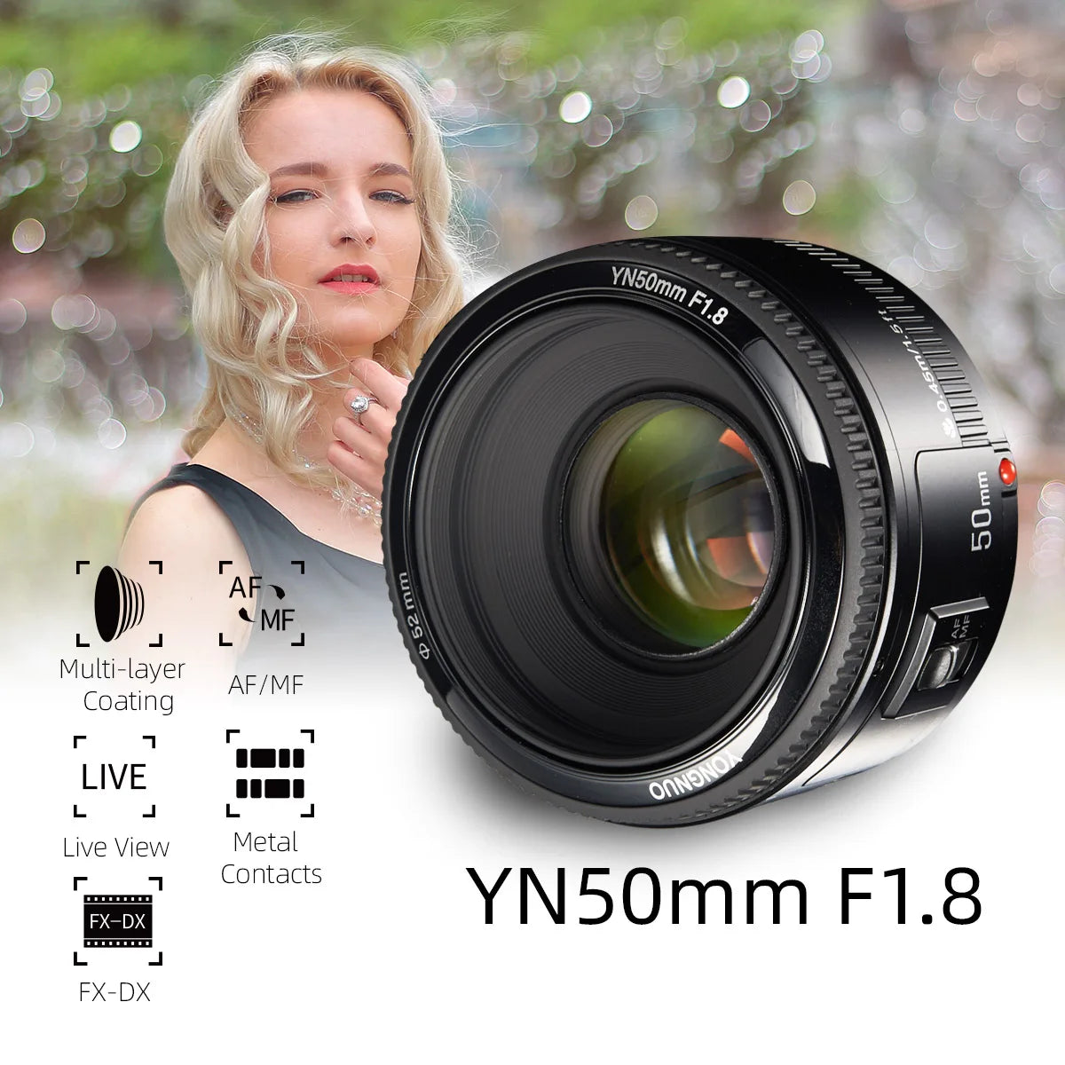 YONGNUO YN50mm F1.8 50mm Lens Large Aperture Auto Focus Lens Compatible with Canon EF Mount EOS Camera