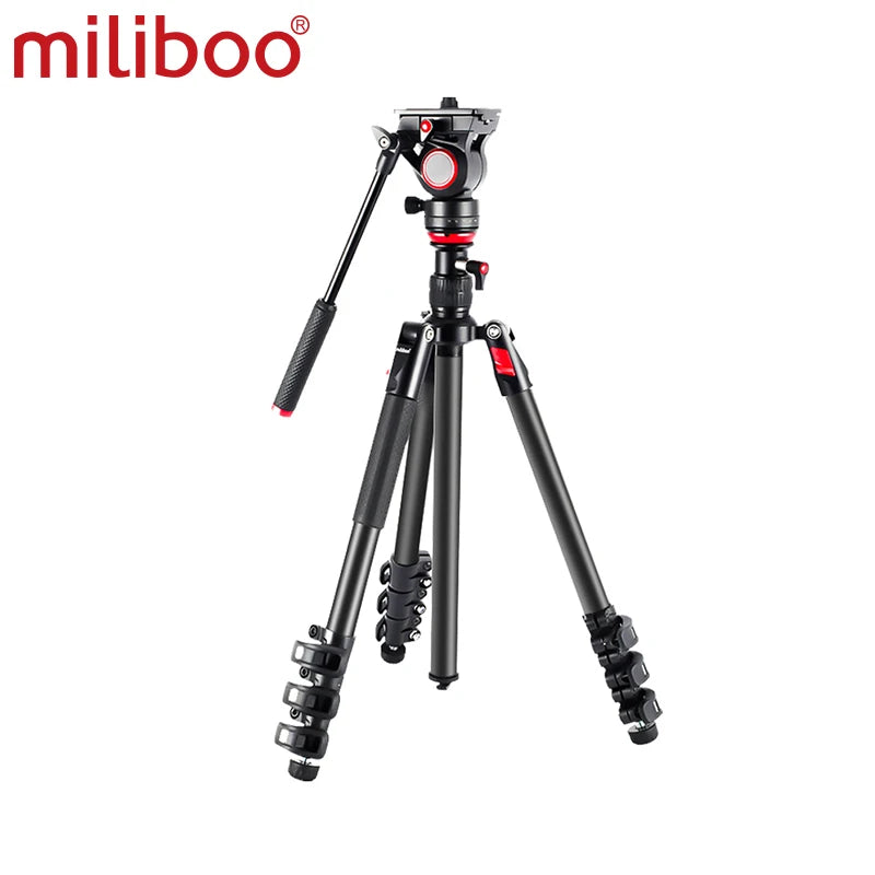 Miliboo Video Tripod with Flat Base Fluid Video Head 11 lb Max Leveling Column Kit, Aluminum& Carbon Fiber Legs Flip Lock