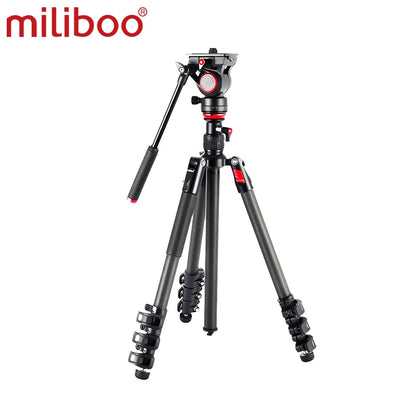 Miliboo Video Tripod with Flat Base Fluid Video Head 11 lb Max Leveling Column Kit, Aluminum& Carbon Fiber Legs Flip Lock