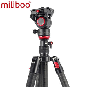 Miliboo Video Tripod with Flat Base Fluid Video Head 11 lb Max Leveling Column Kit, Aluminum& Carbon Fiber Legs Flip Lock
